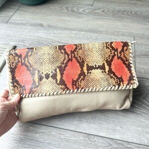 Neutral Beige & Orange Snake-Print Foldover Clutch